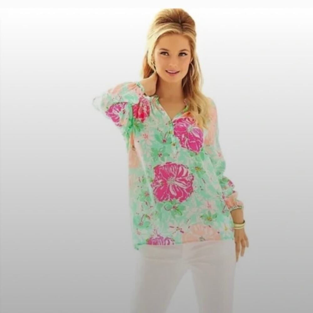 Lilly Pulitzer Elsa Long Sleeve 100% Silk Blouse Top Beach Walk Size XXS
